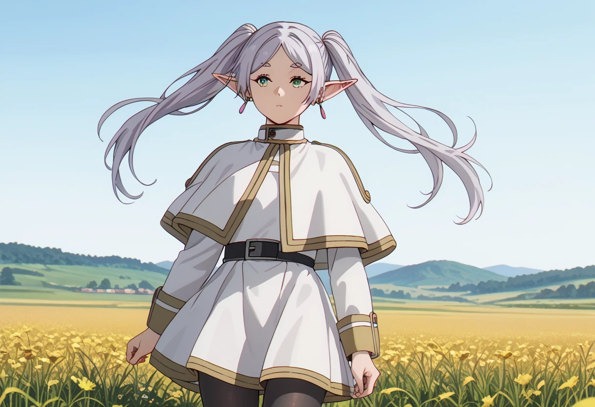 score_9_up, score_8_up, score_7_up, source_anime, detailed face,detailed body,detailed eyes,perfect eyes, Highest Quality, zzFrieren, long hair, twintails, green eyes, grey hair, pointy ears, elf, shirt, long sleeves, jewelry, earrings, striped, capelet, striped shirt, white skirt, black pantyhose,fullbody,glassfield,WINDY,