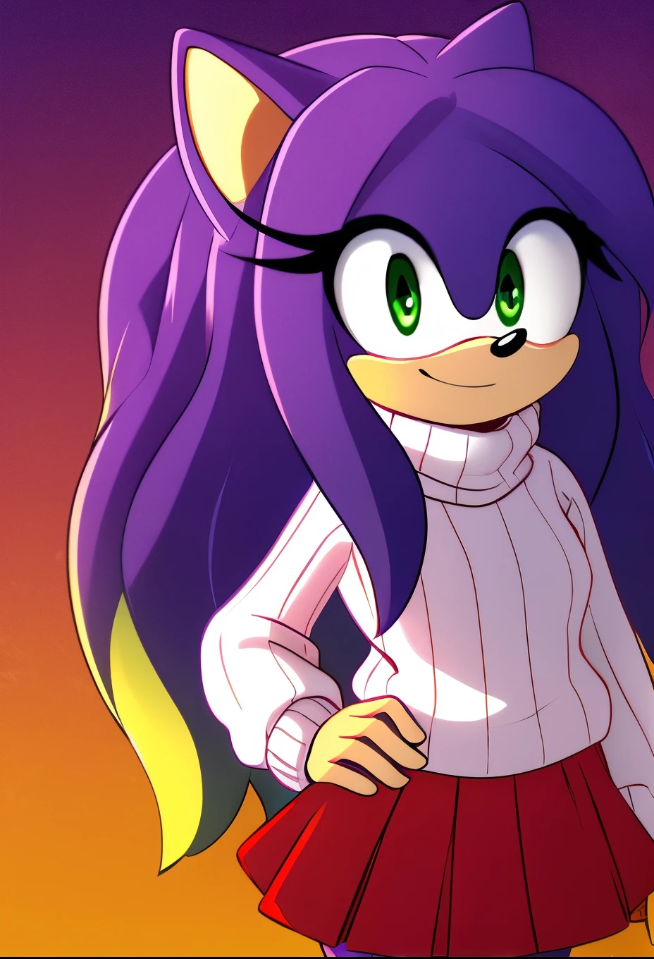 Sonic’s Mother, long hair/quills, (green eyes:1.5), (purplish blue fur), long hair, female, Female hedgehog, mobian, Eri as a mobian hedgehog, skirt, long sleeves, sweater, red skirt, turtleneck, solo, innocent eyes, smile, purplish blue hair, blonde highlights, gradient hair/fur, hair bangs
