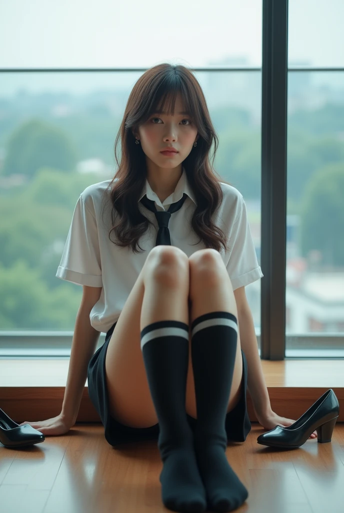 highest quality、4k、8k、High Resolution、masterpiece: 1.2、 Super detailed、Real、Photorealistic、Photorealistic: 1.37、(A beautiful 15-year-old woman is wearing a Japanese junior high school uniform:1.2)、(Beautiful delicate eyes with long eyelashes、Beautiful delicate lips、Her face is very detailed and clear、A beautiful face with a big nose)、(She is squatting with her legs spread wide.:1.4)、(Shoot from below, focusing on the crotch area between the legs)、(She lifts the hem of her skirt to reveal her panties)、(With an expression that has reached sexual climax:1.4)、(Expressions of embarrassment and excitement:1.43)、(This is a classroom)、Impressive landscapes depicted、Exquisitely drawn characters、Crisp, detailed textures、professional writing、Vibrant colors、Warm and soft colors、Three-dimensional effect expressed by light and shadow、majastrojek、cr1r3