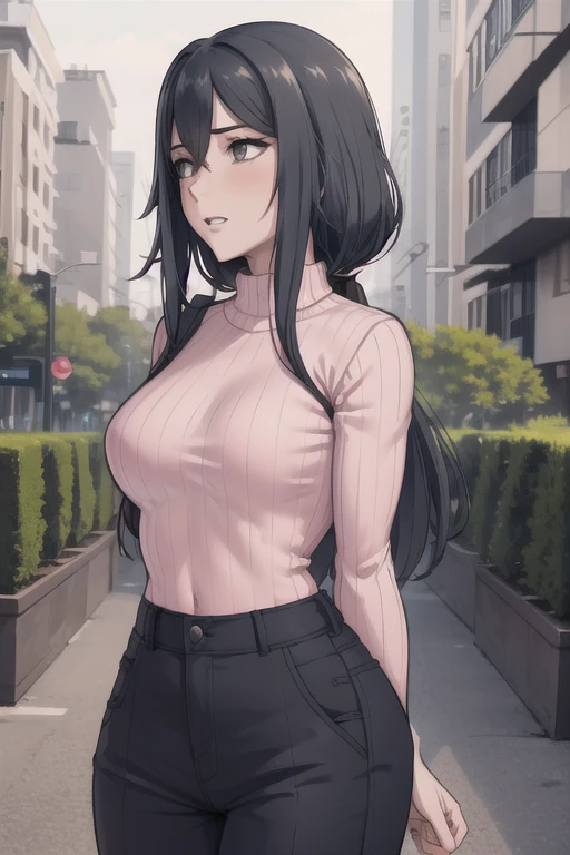 masterpiece, best quality, absurdres, perfect anatomy, 1girl, solo, RyobaAishi, sweater, ribbed sweater, long sleeves, high-waist pants, outdoors, city, arms behind back, 