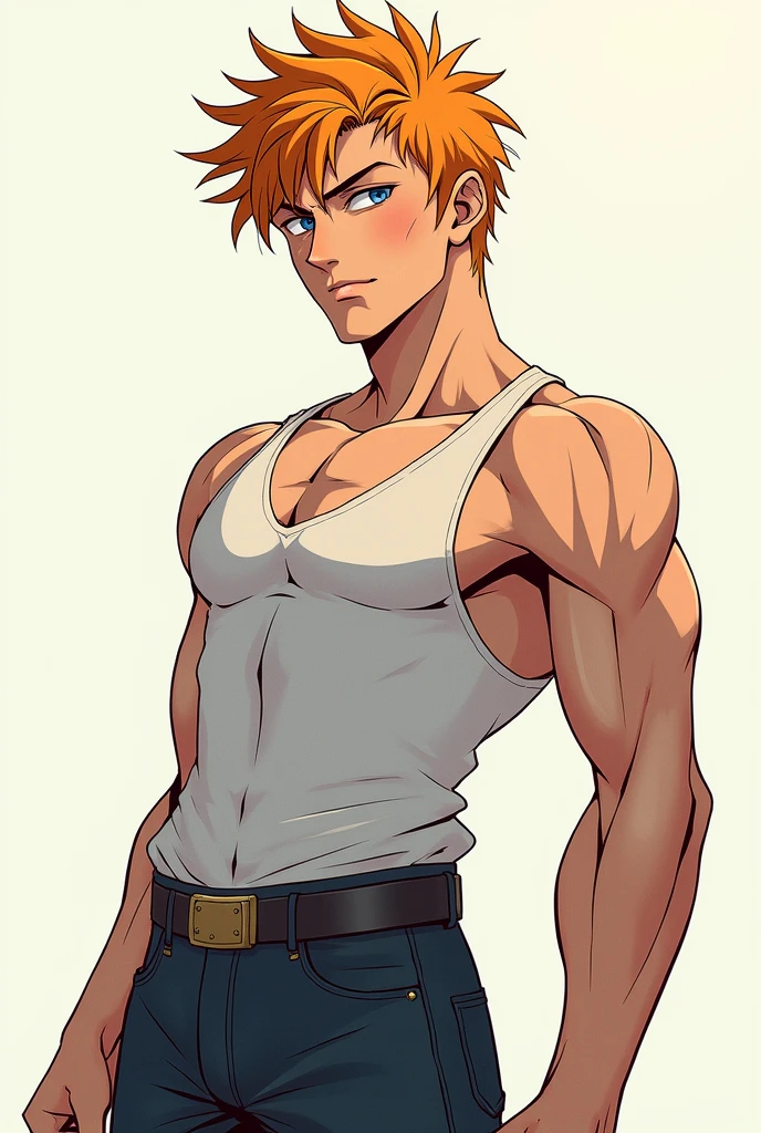 Solo 1boy ,Adolescent With orange hair , wearing cool Clothing ,open Ripped pants ,tank top , BLUE pupils , freckles on face , Muscular , Holding cool sword