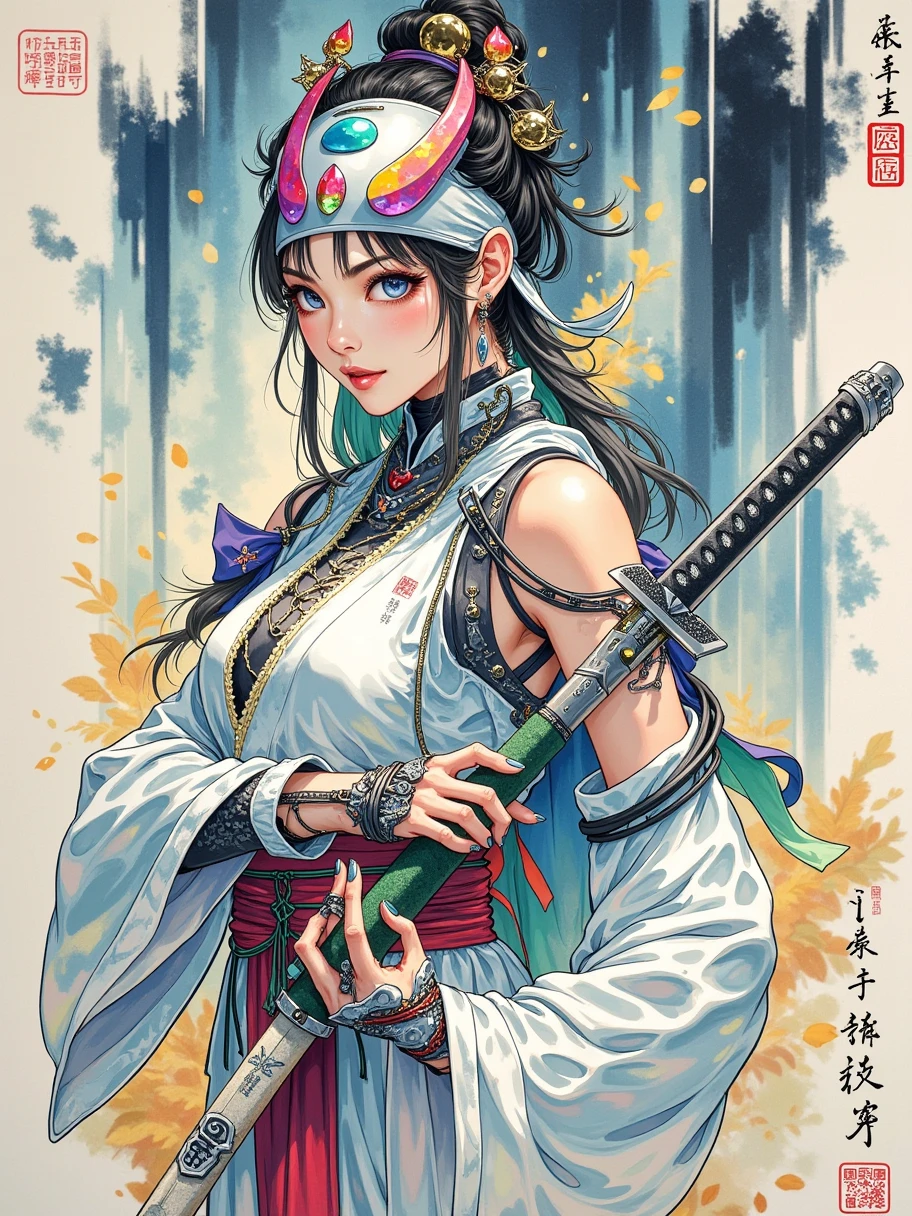  traditional Chinese ink painting art style，ink on paper ，Wabi-sabi， henna and carmine ， Tan ， cyberpunk warrior woman ， face with mirror mask ， ultra-detailed helmet ， white and neon armor ，joint，Body made of metal、 cables and wires ， handle holding a katana 