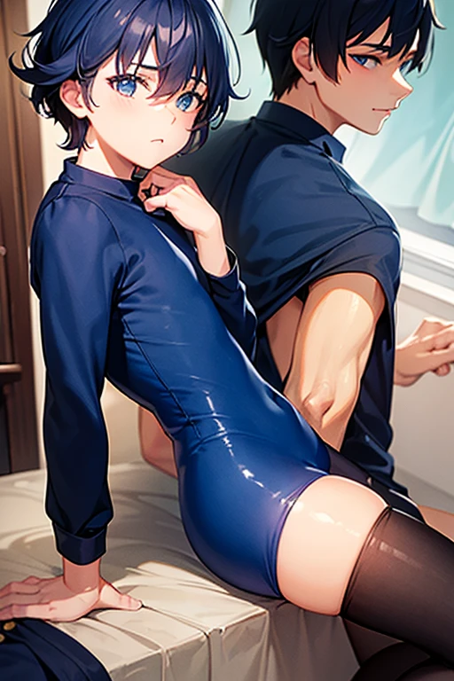 (masterpiece), (best quality), (high res) 2boys, (perfect anatomy) (perfect face) anime boy, (crossdresser), medium dark brown hair, red eyes, brown skin, wide hips, narrow waist and thick thighs, mind broken happy expression, looking up, brushing, standing in space, flat chest, (full body suit), (visible bulge), (skin tight red short dress) man, (gay sex) (kissing) (French kiss) (kissing each other), penetration, getting fucked, gangbang, cum on face, cum on mouth, cum on body, full of cum