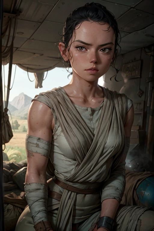 Daisy Ridley face 8k resolution, masterpiece 1.3, Ultrarealistic face, slim athletic physique, small flat breasts, round ass, tight round Buttocks, buttcheeks, cameltoe, sweaty body glistening skin, dirt covered around her body, torn skimpy clothes, ((1girl, r3y5w7d4i5y-smf, solo, realistic, black hair, bandages, lips, parted lips, black eyes,)),; "Locked in a small, dimly lit cell, Rey sits on the cold floor, her back against the wall. Her clothes are tattered, and she has a look of weary resignation as she contemplates her next move. Bending Over.", buttcheeks, perfect butt, detailed hands, looking at viewer