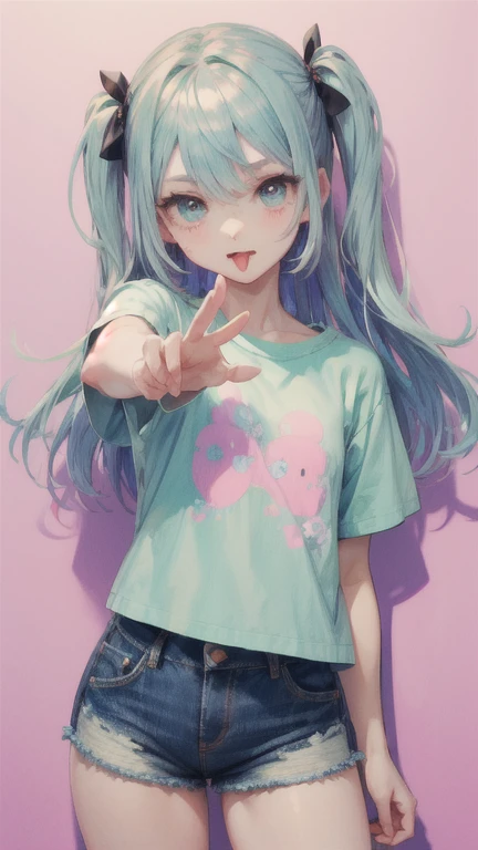  pastel color 美女、 pastel color のTシャツ、 denim shorts、 pastel color のスニーカー、 pastel color 、 pastel color 緑hair、 sticking out the tongue 、 provocative pose with eyes wide open、Comb &#39;hair、 pose where the buttocks stick out 