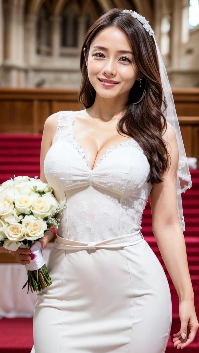 (masutepiece:1.3), (8K, Photorealistic, Raw photography, Best Quality: 1.4),女の子1人,17 age,(large full breasts:1.2),(Japanese high school  girl, Huge frame, thick neck, Sturdy arms, powerful legs, , an hourglass figure, Voluptuous hips, ample bust, Full thighs,(weddingdress:1.4)