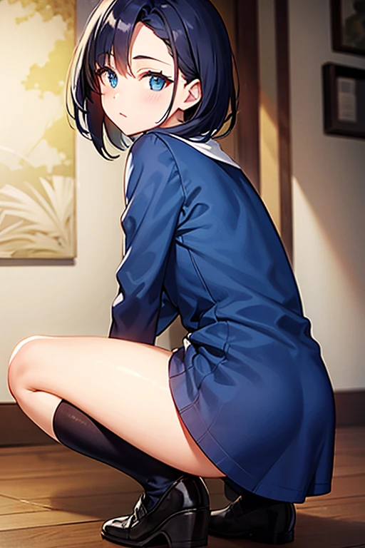 Smiling boyish girl wearing blue sneakers on bed School uniform、Black spats、small tits、twinks