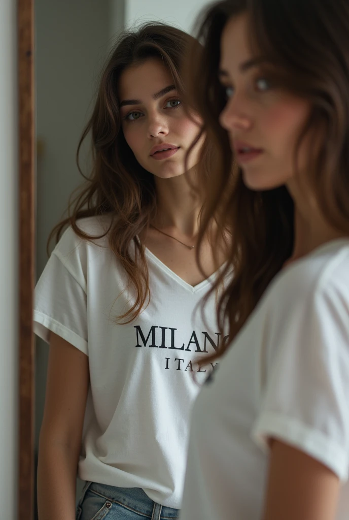 Jeune femme d’origine serbe brune de 25 ans, yeux noir, cheveux bruns ondulés, regard seduisant et excitant, look coquin et séduisant, charme, visage parfait, harmonieux et séduisant, strin rouge et un tshirt blanc, avec vue sur le couché de soleil de la terrasse