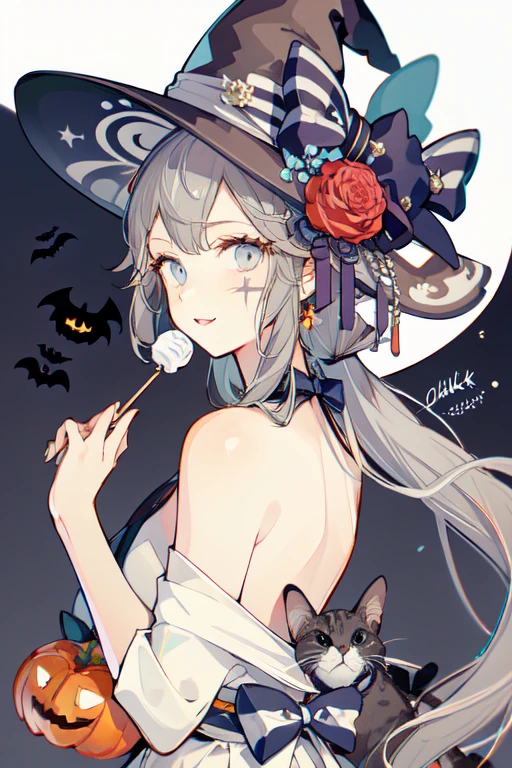 (masterpiece:1.2), best quality,PIXIV,Sweet girl portrait,
1girl, lollipop, food, bow, candy, striped bow, hat, flower, halloween, hair ornament, solo, japanese clothes, witch hat, striped, holding candy, kimono, looking at viewer, holding lollipop, happy halloween, cat, holding, rose, black cat, spider web, bangs, signature, black headwear, silk, holding food, sash, hair flower, bat (animal), upper body, obi, facial mark, animal, hat bow, grey hair, blue eyes, orange bow, jack-o'-lantern, black bow, heart, english text, wide sleeves, grey background, hair bow, white bow, looking back、
 girl in a　white blouse and a Black gymnastics bloomers, High leg, 