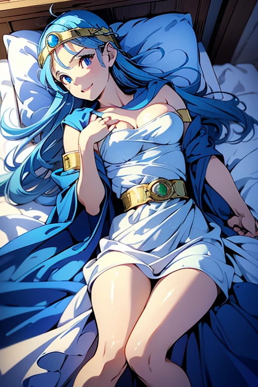  top quality, sage,  Dragon Quest 3 , Blue Hair, Attach a gold ring with a gemstone embedded in it to your forehead,  white dress,  Blue Cloak,  IN BED, ((Young face)),  lying on your back ,   crotch,  (( smaller breasts)). (smile),  open her mouth 