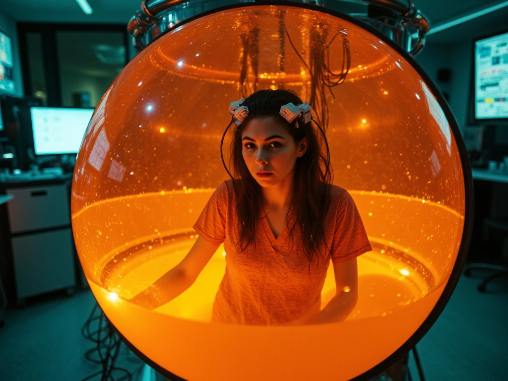 8k analog style, photorealistic, a sexy woman in patient hospital clothes immersed in a translucent, gel-filled chamber.  (((She is fully inmersed inside orange translucent gel))) . Intricate cables connect to her head, glowing faintly. A futuristic mind-reading apparatus surrounds her, blending the sleek pod designs of 'The Matrix' with advanced fMRI scanning technology. The setting is a dimly lit, high-tech laboratory with holographic displays, glowing monitors showing brainwave activity, and ambient blue-green lighting that emphasizes the cutting-edge machinery.