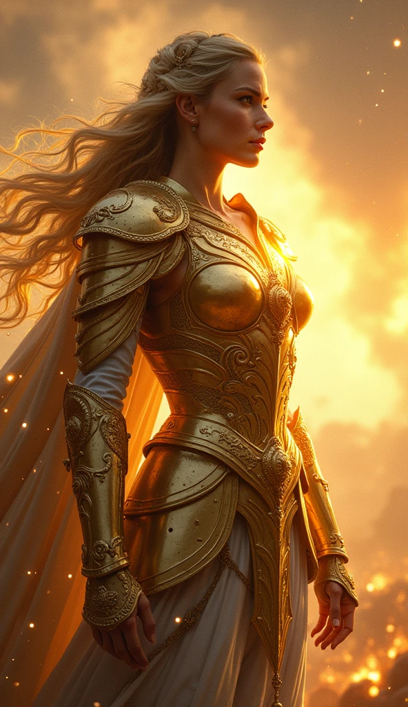 A fierce and elegant female warrior standing boldly in the midst of a ...