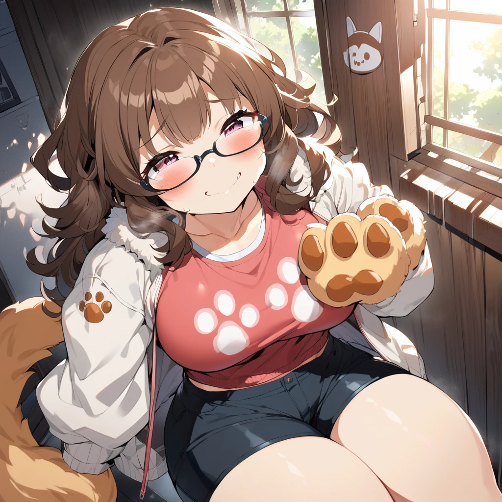 Anime, 1 girl, fluffy hair, side-layered hair, brunette, curvy body, sports bra (((paw imprint))), jacket, short shorts, glasses, tail, shy Smile, perfect anatomy ( (Balanced))