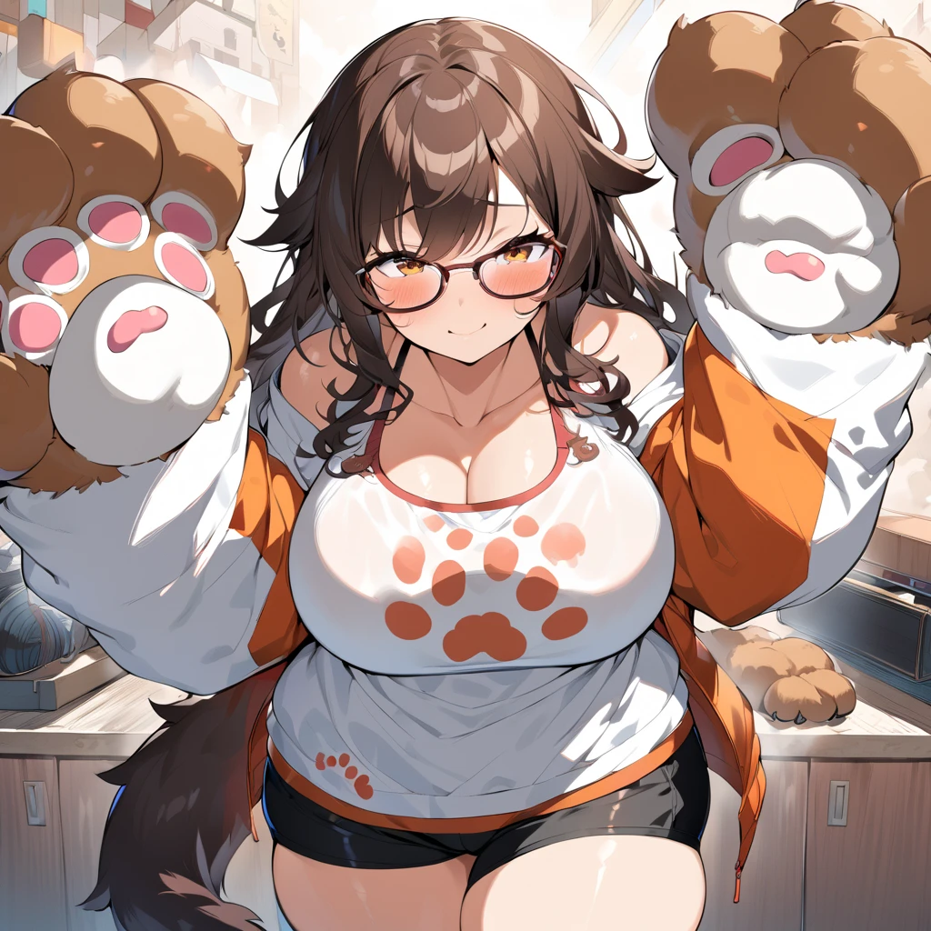 Anime, 1 girl, fluffy hair, side-layered hair, brunette, curvy body, sports bra (((paw imprint))), jacket, short shorts, glasses, tail, shy Smile, perfect anatomy ( (Balanced))