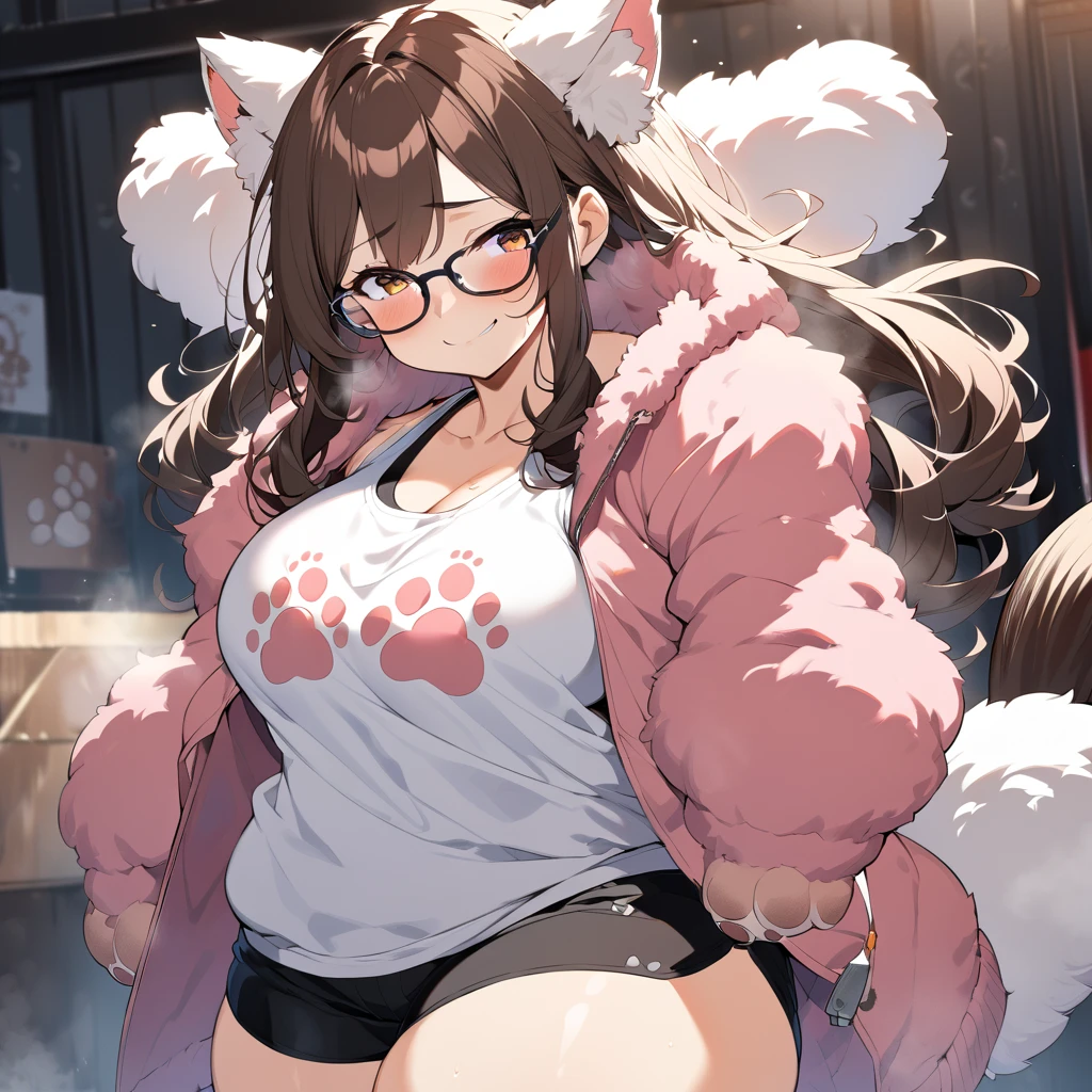 Anime, 1 girl, fluffy hair, side-layered hair, brunette, curvy body, sports bra (((paw imprint))), jacket, short shorts, glasses, tail, shy Smile, perfect anatomy ( (Balanced))