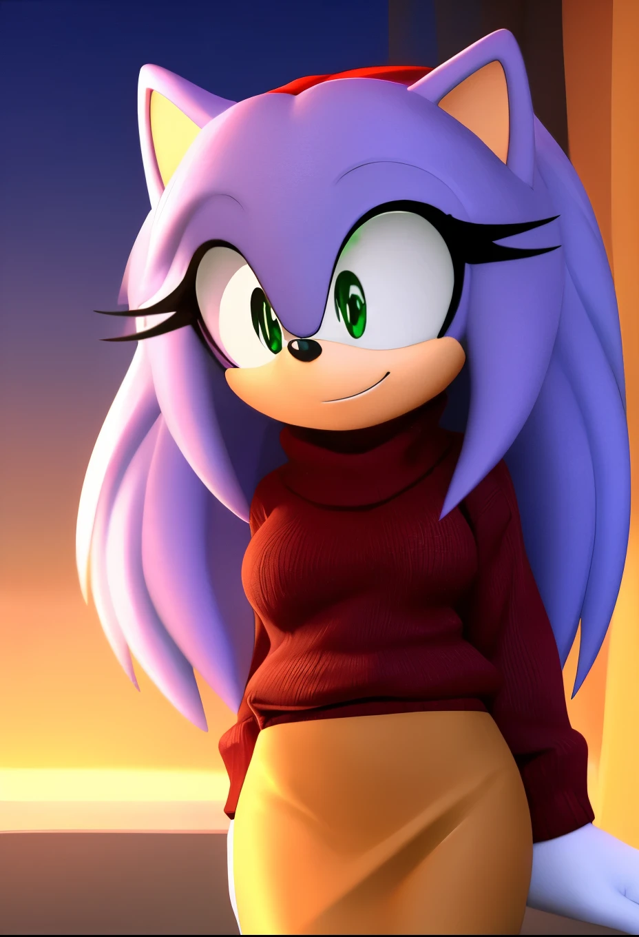 Sonic’s Mother, long hair/quills, (green eyes:1.5), (purplish blue fur), long hair, female, Female hedgehog, mobian, Eri as a mobian hedgehog, skirt, long sleeves, sweater, pencil skirt, turtleneck, solo, innocent eyes, smile, purplish blue hair, blonde highlights, gradient hair/fur, hair bangs, mother-like figure, medium breasts
