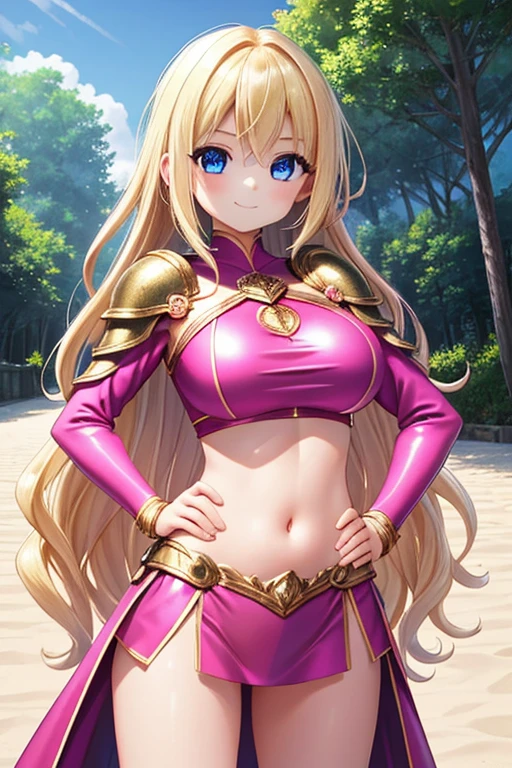 1girl, best quality, looking at viewer, kawaii, shiny skin, shiny clothes, pink costume, crop top, veritical navel, bare stomaccloak, huge breasts, long hair, wavy hair, blonde hair, blue eyes, smile, hand on own hip, closed mouth, outdoors,  