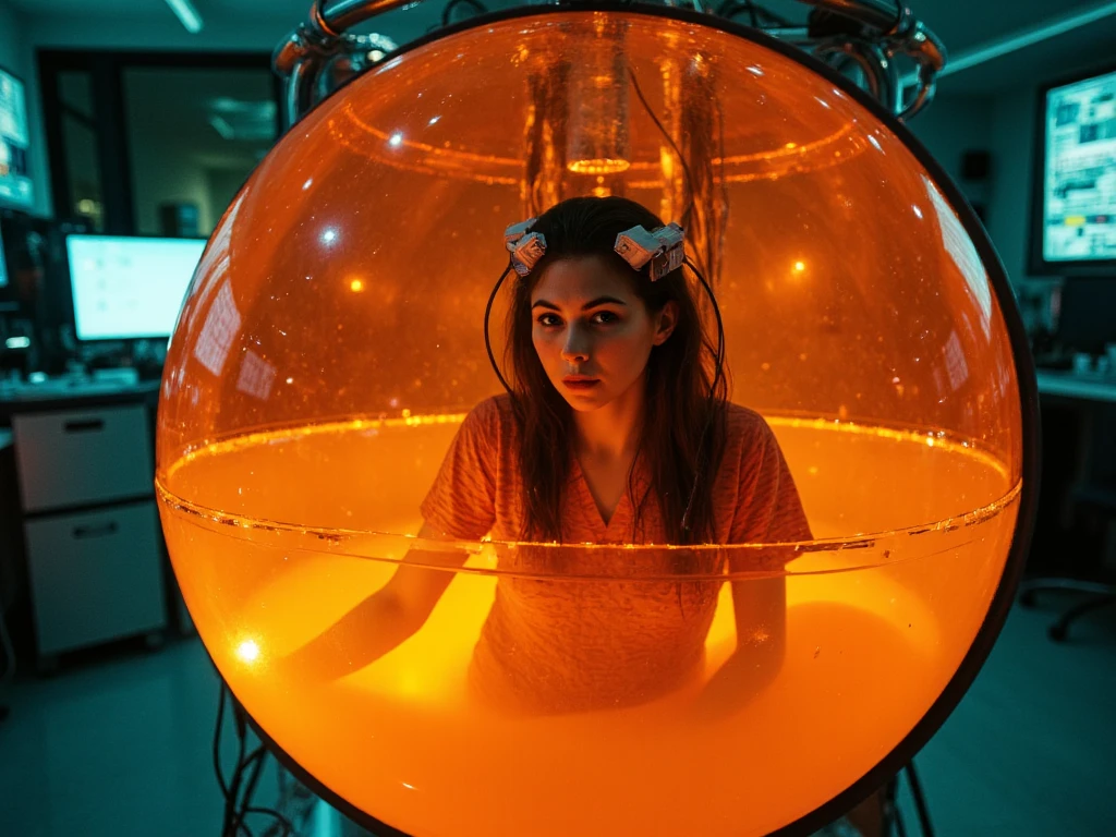 sfw, 8k analog style, photorealistic, a sexy woman in patient hospital clothes immersed in a translucent, gel-filled chamber.  (((She is fully inmersed inside orange translucent gel))) . Intricate cables connect to her head, glowing faintly. A futuristic mind-reading apparatus surrounds her, blending the sleek pod designs of 'The Matrix' with advanced fMRI scanning technology. The setting is a dimly lit, high-tech laboratory with holographic displays, glowing monitors showing brainwave activity, and ambient blue-green lighting that emphasizes the cutting-edge machinery.