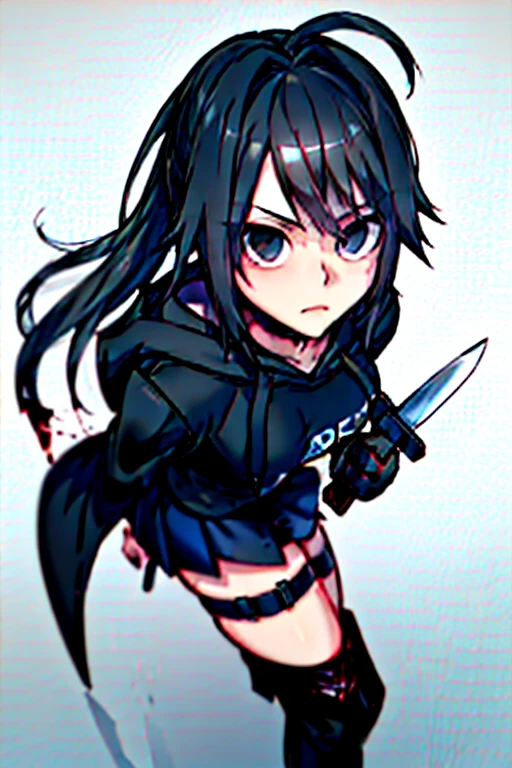 (absurdres, 8k, 4k, masterpiece, hyper extreme detailed:1.2), solo, 1girl, front view, perfect face, 1girl, portrait, looking at viewer, solo, standing, Female, Mature Female, expressive eyes, perfect face, black hair, black cloak, blood, blood stain, 1girl, ayano, black_hair, ponytail, full body, perfect anatomy, expressionless, emotionless, dead eyes, grim, grimace, black eyes, hood, medium bust, adult, standing, straight hair, pale, black skirt, thigh boots, black boots, full body, hood, hooded, black cloak, long skirt, very long hair, black scarf, hoodie, black hoodie, skirt, knife, yandere, holding knife, knife_thigh_strap,