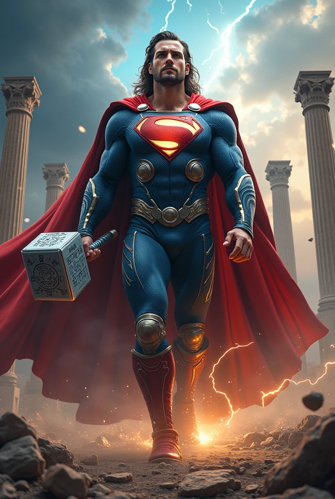 Image of muscular DC COMICS Superman, human body, human anatomy, holding a big dumbbell with his right hand, left hand closed, costume identical to that of DC COMICS, with cyborg details, showing full body, perfect face, perfect boots, laser beams coming out from your eyes, highly detailed, super definition, 8k, showing the statue of Christ the Redeemer in the city of Rio de January in flames. Cinematic image.