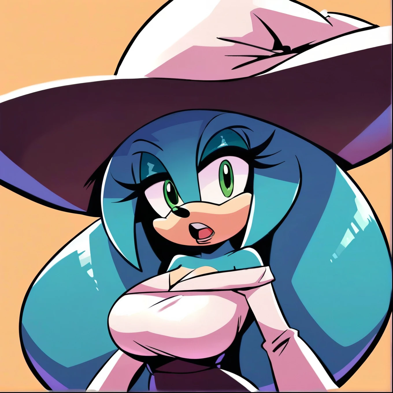 score_9, score_8_up, 2D, flat color, forest background, looking at viewer, 1girl, very detailed, extremely detailed, from the sonic the hedgehog series, portrait, curious expression, small open mouth, mix of confusion and shock, sound lines, makeup, (white witch attire), off shoulder, long sleeves, white large witch hat, white long pencil skirt, ((pantyhose)), large bust, milf, Sonic’s Mother queenaleena, long hair/quills, (green eyes:1.5), (purplish blue fur), long hair, female, Female hedgehog, mobian, solo, purplish blue hair, blonde quill-like bangs, mother-like figure
