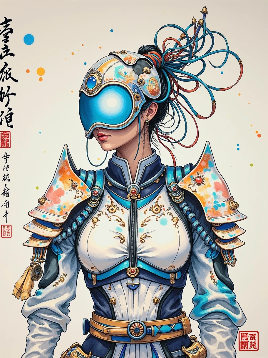  traditional Chinese ink painting art style，ink on paper ，Wabi-sabi， henna and carmine ， Tan ， cyberpunk warrior woman ， face with mirror mask ， ultra-detailed helmet ， white and neon armor ，joint，Body made of metal、 cables and wires ， handle holding a katana 