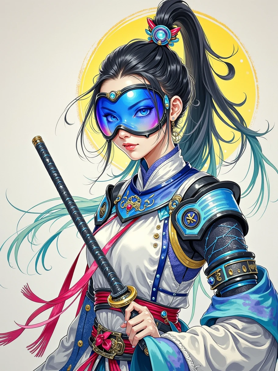  traditional Chinese ink painting art style，ink on paper ，Wabi-sabi， henna and carmine ， Tan ， cyberpunk warrior woman ， face with mirror mask ， ultra-detailed helmet ， white and neon armor ，joint，Body made of metal、 cables and wires ， handle holding a katana 