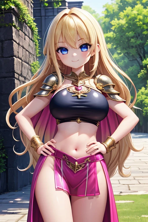 1girl, best quality, looking at viewer, kawaii, shiny skin, shiny clothes, pink costume, crop top, veritical navel, bare stomaccloak, huge breasts, long hair, wavy hair, blonde hair, blue eyes, smile, hand on own hip, closed mouth, outdoors,  