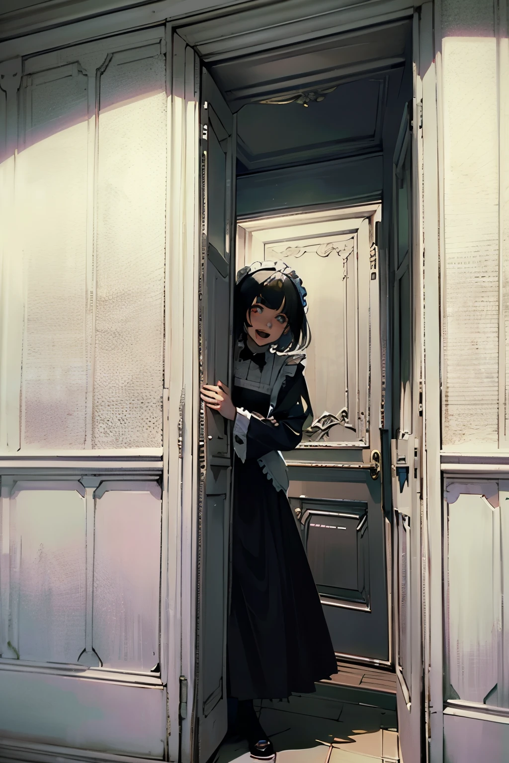 (best quality,4k,high resolution,masterpiece:1.2)  A maid with short black hair is standing at the door. The big door is opened and creepy expression. The maid has detailed eyes,beautiful detailed lips,extremely detailed large eyes and face,long eyelashes, perfect anatomy, Europian noble face, tightly fitted outfit,black long-sleeved maid costume,wearing long skirt, wearing white tights, full  body portrait from under view,beautiful face with smile, open mouth to laugh, large cool eyes, open mouth with joyful feels, feels a confidence expression.