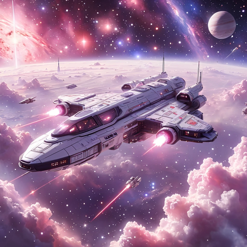   Masterpiece  ,  top quality,  ultra detail, Low fidelity (praise)  art style, ((Space-breaking))、 pastel pink and purple tones .  futuristic space battles unfold near huge space colonies , but、 instead of intense laser launches and explosions ,  the spaceship slowly and gently drifts through space .  The stars and nebulae in the background are softly blended in pastel colors,  creates a peaceful cosmic backdrop .  space colonies are simplified with clean lines ,  dim and soft light visible from a colony window .  the spaceship moves slowly and calmly ,  as if it were floating like a dream . Tiny Figure , コロニーの窓から見える,  standing with her back to the viewer ,  watching a quiet scene unfold .  usually at a fast pace Space battles full of energy 、 is held in silence ,  a moment of thought in the vast universe .