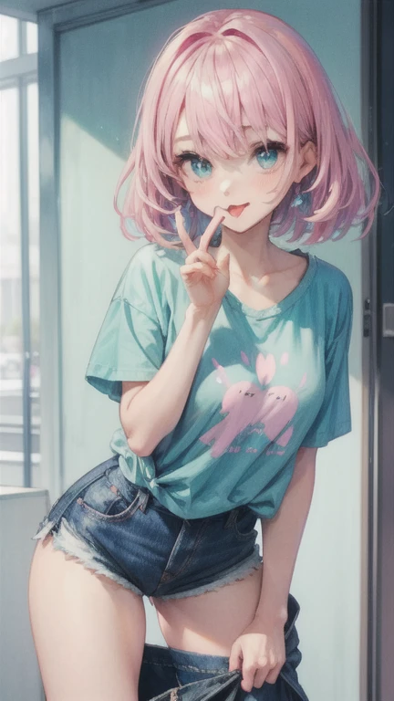  pastel color 美女、 pastel color のTシャツ、 denim shorts、 pastel color のスニーカー、 pastel color 、 pastel color 緑hair、 sticking out the tongue 、 provocative pose with eyes wide open、Comb &#39;hair、 pose where the buttocks stick out 、Stand up 3 fingers on your right hand