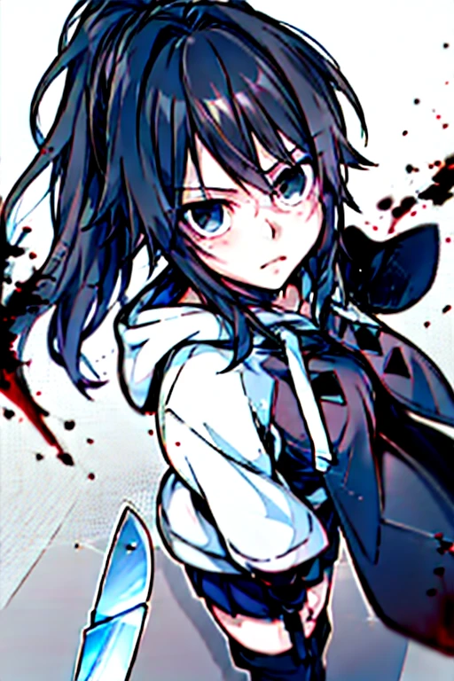 (absurdres, 8k, 4k, masterpiece, hyper extreme detailed:1.2), solo, 1girl, front view, perfect face, 1girl, portrait, looking at viewer, solo, standing, Female, Mature Female, expressive eyes, perfect face, black hair, black cloak, blood, blood stain, 1girl, ayano, black_hair, ponytail, full body, perfect anatomy, expressionless, emotionless, dead eyes, grim, grimace, black eyes, hood, medium bust, adult, standing, straight hair, pale, black skirt, thigh boots, black boots, full body, hood, hooded, black cloak, long skirt, very long hair, black scarf, hoodie, black hoodie, skirt, knife, yandere, holding knife, knife_thigh_strap,