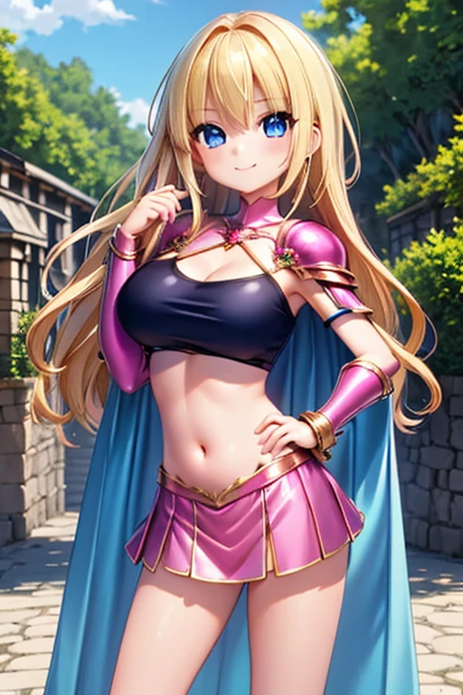 1girl, best quality, looking at viewer, kawaii, shiny skin, shiny clothes, pink costume, crop top, veritical navel, bare stomaccloak, huge breasts, long hair, wavy hair, blonde hair, blue eyes, smile, hand on own hip, closed mouth, outdoors,  