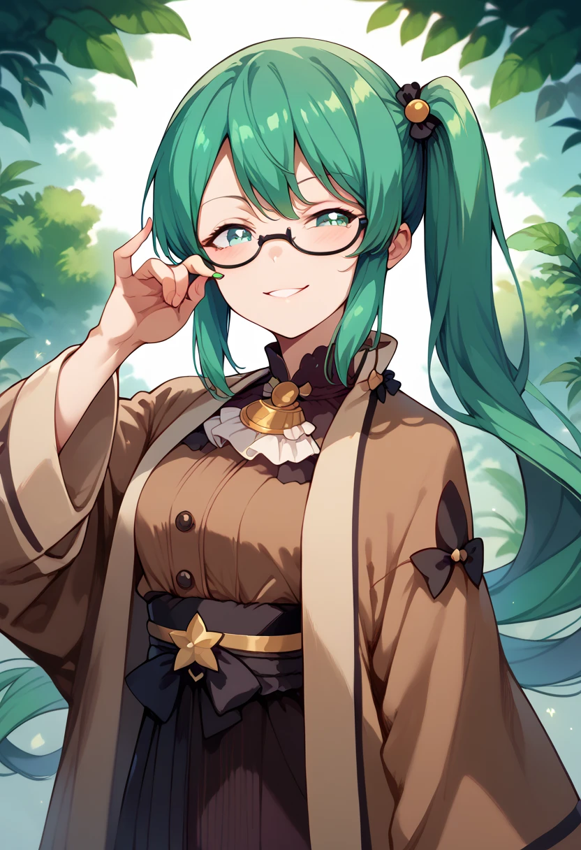 masterpiece, high definition , top quality,8k
(Kagura Suzu, green hair,side ponytail,Glasses)
smile,Concentrated face( Brown Robe, Green Lightsabers )