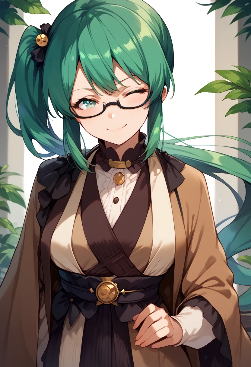 masterpiece, high definition , top quality,8k
(Kagura Suzu, green hair,side ponytail,Glasses)
smile,Concentrated face( Brown Robe, Green Lightsabers )