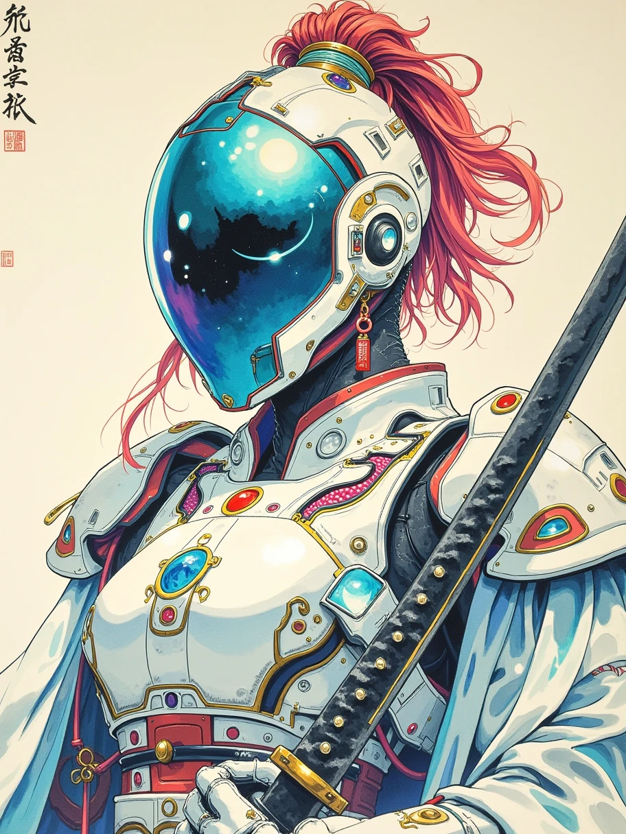  traditional Chinese ink painting art style，ink on paper ，Wabi-sabi， henna and carmine ， Tan ， cyberpunk warrior woman ， face with mirror mask ， ultra-detailed helmet ， white and neon armor ，joint，Body made of metal、 cables and wires ， handle holding a katana 