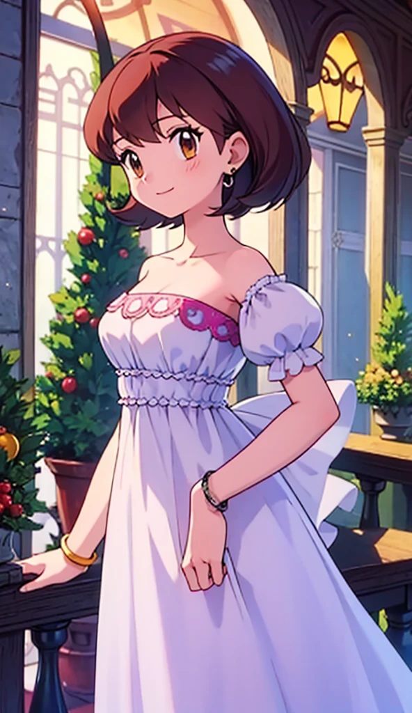 masterpiece, best quality, ultra-detailed, illustration, beautiful detailed eyes, very detailed illustration, cinematic lighting, 1 girl, solo BREAK Pokemon Heroes (Bianca), Brown Hair, brown eyes, 1 girl, solo, bare shoulders, bare neck, BREAK earrings, white gown, puffy sleeves, strapless dress, short sleeves, bracelet, smile, looking at viewers, arms at side, standing up, mansion, indoors, Cowboy shot, upper body, a Christmas  background, a Christmas tree with lights, 