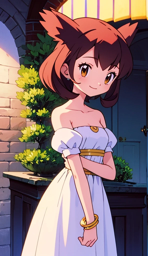 masterpiece, best quality, ultra-detailed, illustration, beautiful detailed eyes, very detailed illustration, cinematic lighting, 1 girl, solo BREAK Pokemon Heroes (Bianca), Brown Hair, brown eyes, 1 girl, solo, bare shoulders, bare neck, BREAK earrings, white gown, puffy sleeves, strapless dress, short sleeves, bracelet, smile, looking at viewers, arms at side, standing up, mansion, indoors, Cowboy shot, upper body, a Christmas  background, a Christmas tree with lights, 