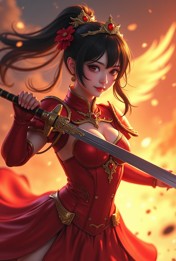 thief　Girl　Thief　Wearing a red outfit and cape　走っているwhole bodyの姿　She has a cute smile　samurai　Hold the sword　whole body　AI images