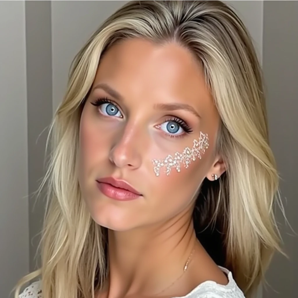 s0n14 looking at viewer, blonde hair, blue eyes, lips, long hair, looking at viewer, makeup, nose, photo \(medium\), photorealistic, realistic, scales, signature, smile, solo