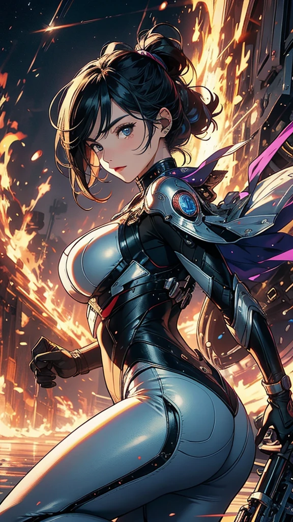 a battle between two girls in the olympus of the work "shuumatsu no Valkyrie", one with mechanical arms (only arms) and the other with a laminated flamethrower, for a book cover, highly detailed, intricate, epic, dramatic, intense action, cinematic lighting, grandiose, dramatic, exquisite, masterpiece, 8k, best quality, photorealistic, hyper detailed, vivid colors, dynamic pose, dramatic lighting, cinematic composition, digital painting