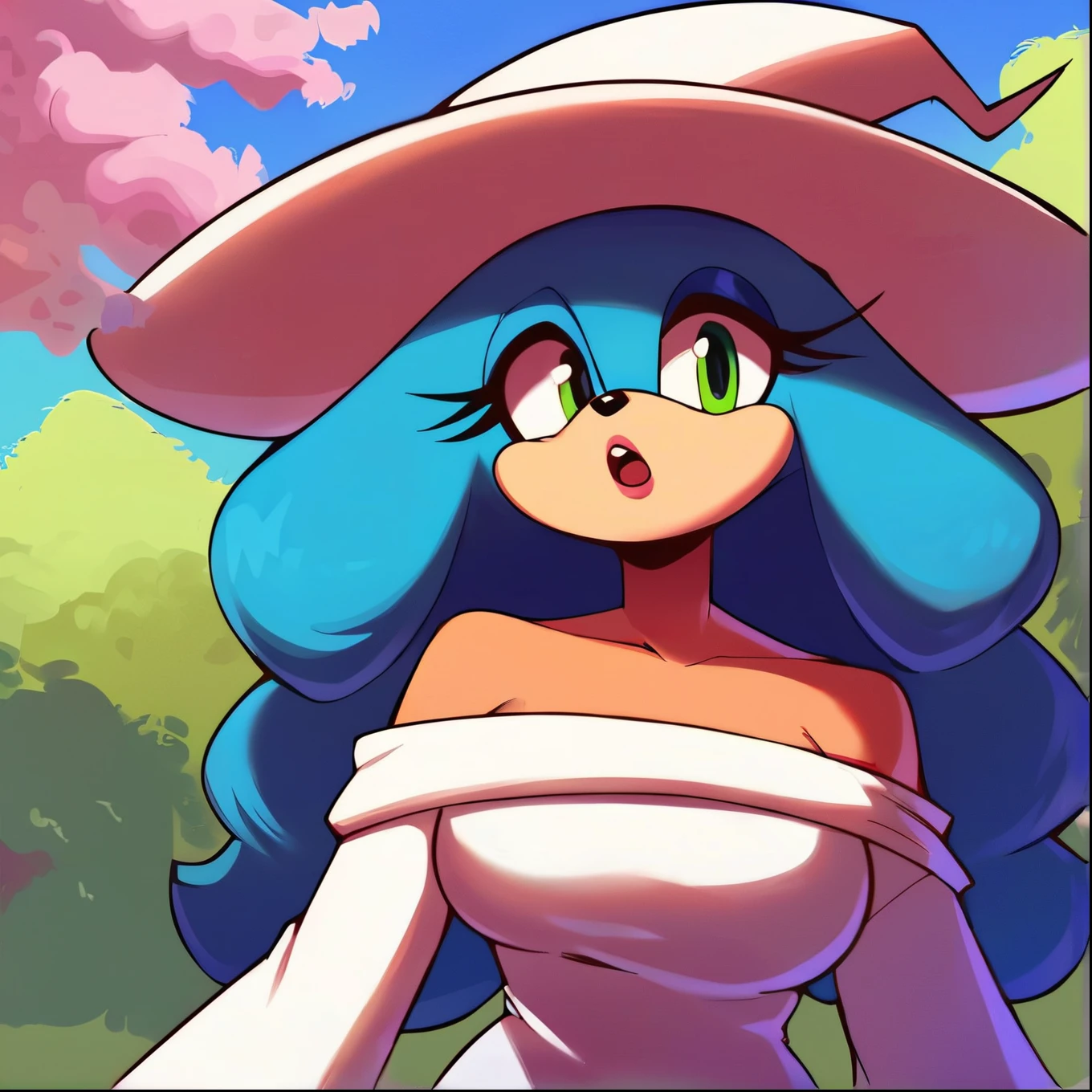 score_9, score_8_up, 2D, flat color, forest background, looking at viewer, 1girl, very detailed, extremely detailed, from the sonic the hedgehog series, portrait, curious expression, small open mouth, mix of confusion and shock, sound lines, makeup, (white witch dress), off shoulder, long sleeves, white large witch hat, large bust, milf, Sonic’s Mother queenaleena, long hair/quills, (green eyes:1.5), (purplish blue fur), purplish fur, gradient fur, long hair, female, Female hedgehog, mobian, solo, purplish blue hair, (blonde quill-like bangs), mother-like figure
