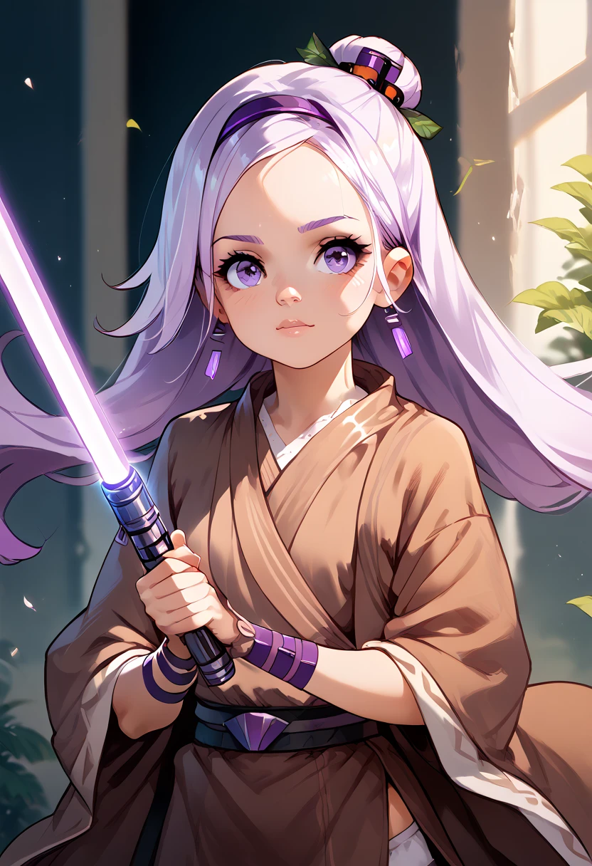 masterpiece, high definition , top quality,8k
(Carlo Pino , purple hair,Young,cute body,small)  rugged expression ( Brown Robe,purple lightsaber)