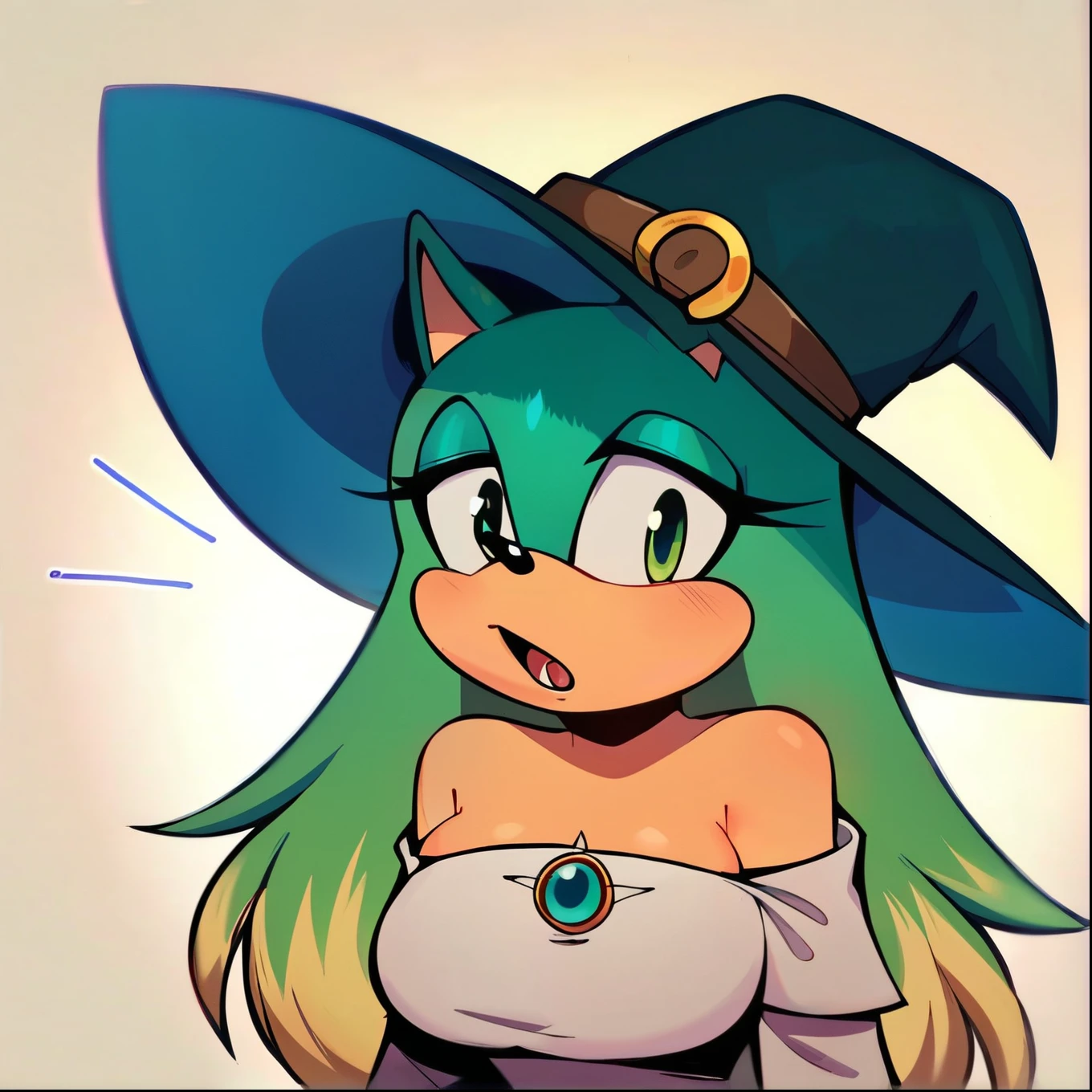 score_9, score_8_up, 2D, flat color, forest background, looking at viewer, 1girl, very detailed, extremely detailed, from the sonic the hedgehog series, portrait, curious expression, small open mouth, mix of confusion and shock, sound lines, makeup, (white witch dress), off shoulder, long sleeves, white large witch hat, large bust, milf, Sonic’s Mother queenaleena, long hair/quills, (green eyes:1.5), (purplish blue fur), purplish fur, gradient fur, long hair, female, Female hedgehog, mobian, solo, purplish blue hair, (blonde quill-like bangs), mother-like figure
