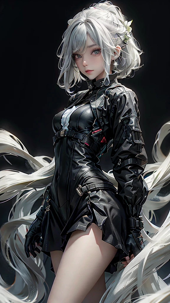 1girl, solo, accurate, sky-background, sunset, clouds, sunny-background, in-the-middle-of-nowhere, detailed, detailed lighting, absurdres, high resolution, sharp, ultrasharp, 8K, masterpiece, looking at viewer, looking-at-husband-which-is-the-viewer, cowboy shot, beautiful, depth of field, blurry background, masterpiece, best quality, married, large-breasts:1.3, beautiful-face, half-closed-eyes, navel, standing, best quality, 25 years old:1.5, long hair, straight hair, gray hair, detailed fingers, beautiful fingers, beautiful long legs, beautiful body, beautiful nose, perfect face, mature:1.1, mature female:1.2, slight-muscle-on-the-arms, female-muscle-body_(small), badass, sexy, gorgeous, woman, perfect, happy, in-love, smile, grin, romantic, true-love, wholesomeness, pure-love, emo, detailed jacket, sexy-gray-leather-jacket_(with-collar-with-black-fur-hood), black sports bra, black-plain-choker-necklace_(nothing-on-it), large-black-necklaces_(fancy), black-straps-around-both-arms, gold-logo-on-black-straps-on-the-jacket, detailed pants, sexy-black-pants, black-army-boots, full-body, woman, red eyeliner (makeup), black-vertical-pupils, dragon-pupils, cat-pupils, red eyes, darkness in the background, cool, black-full-fingerless-gloves, gold-wedding-ring-on-the-right-hand, black-sword-behind-girl, sword-behind-girl, black-darkness-spikes-behind-girl, two-moles-under-the-eye, darkness-around-girl, small-red-ear-rings, black-belt, black-fingernails, dull character design, simple character design, style, change, some-skin, exact, hauntingly beautiful, otherworldly vibe, immersive experience, emotional connection, cute-blush, alone,