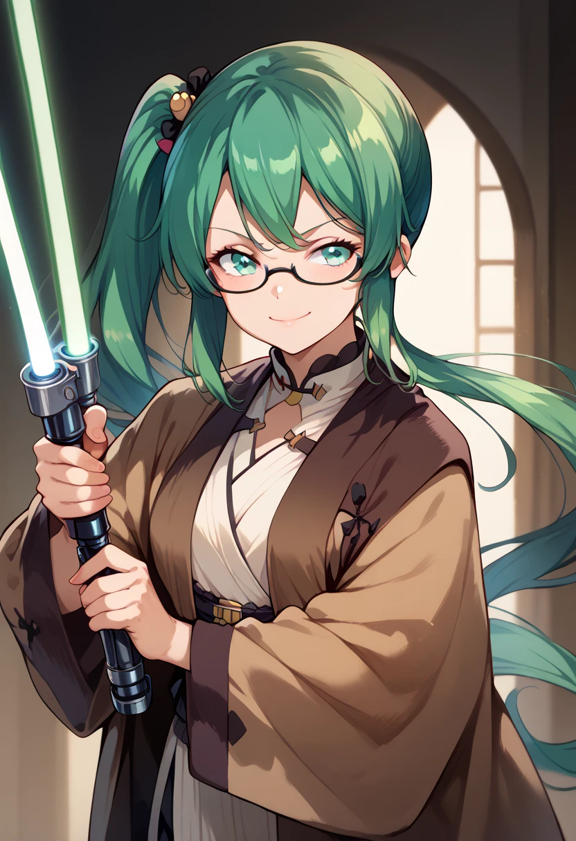 masterpiece, high definition , top quality,8k
(Kagura Suzu, green hair,side ponytail,Glasses)
smile,Concentrated face( Brown Robe,green Lightsaber)