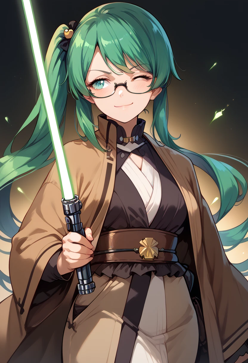 masterpiece, high definition , top quality,8k
(Kagura Suzu, green hair,side ponytail,Glasses)
smile,Concentrated face( Brown Robe,green Lightsaber)