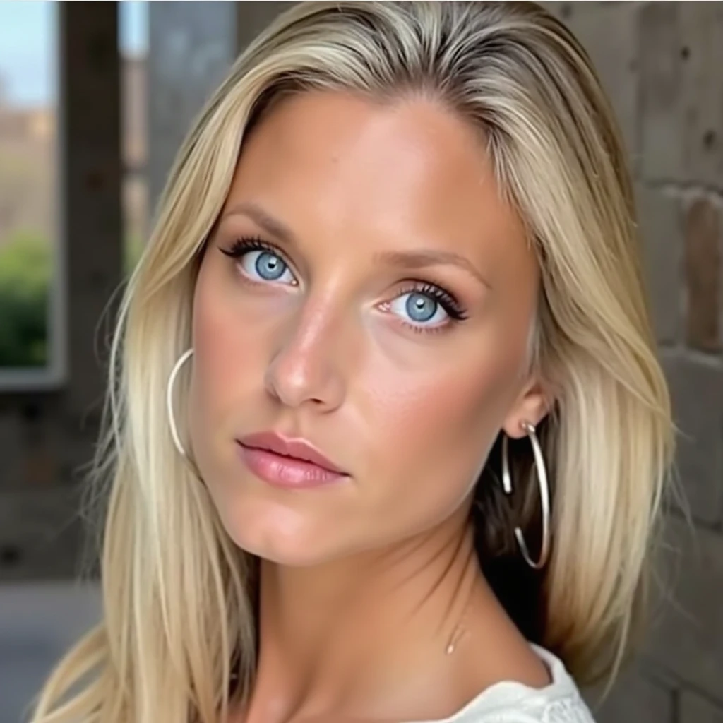 This is a close-up, high-resolution photograph of a blonde woman, s0n14, with striking blue eyes and a fair complexion. She has long, straight hair and wears large hoop earrings. The image is taken from a slightly elevated angle, capturing her from the shoulders up. The background is blurred, suggesting a shallow depth of field. Likely shot with a DSLR camera using a wide aperture (around f/2.8), fast shutter speed (1/200s), and low ISO (100).