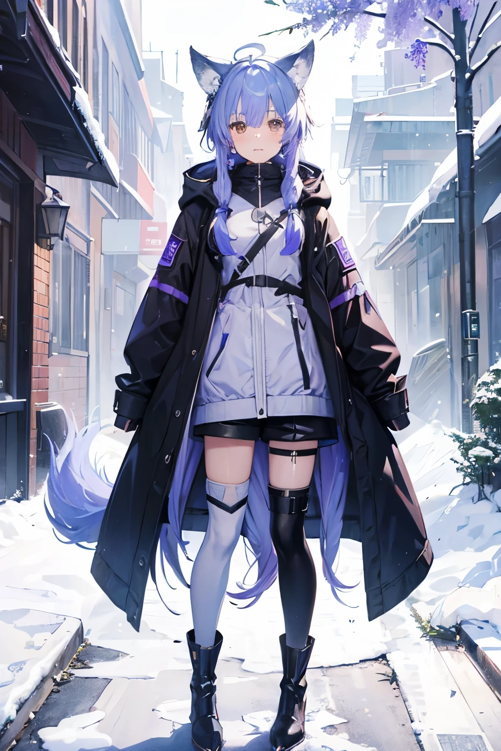 (( top quality)), (( high image quality)), ((masterpiece)), ( Details), 1 girl , ((Ice lavender hair)),Wolf ears and tail, Brown Eyes, long hair, Around town, Long Parka, Shorts, long boots, knee-high socks, Futuristic clothing, 