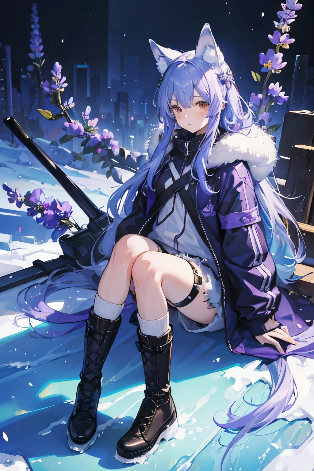 (( top quality)), (( high image quality)), ((masterpiece)), ( Details), 1 girl , ((Ice lavender hair)),Wolf ears and tail, Brown Eyes, long hair, Around town, Long Parka, Shorts, long boots, knee-high socks, Futuristic clothing, 